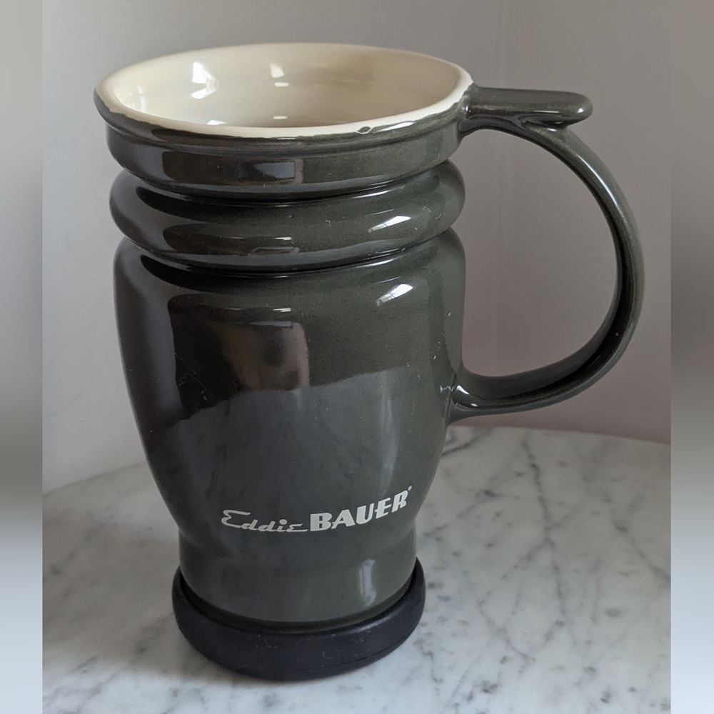 Vintage Eddie Bauer Green and Cream Dining Mug, Silicone Bottom Ring